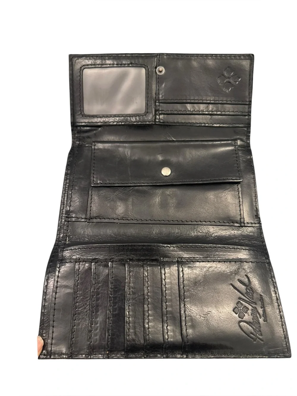 Patricia Nash Black Leather Trifold Riveted Wallet